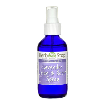 Blue spray bottle labeled 'Herb Stop Lavender Linen & Room Spray' on a white background