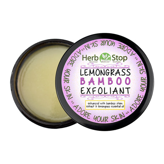 Herb Stop Lemongrass Bamboo Exfoliant Facial Scrub with open lid 