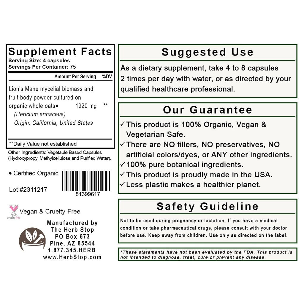 Lion's Mane Mushroom Capsules Label - Back
