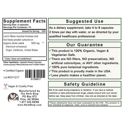 Lion's Mane Mushroom Capsules Label - Back
