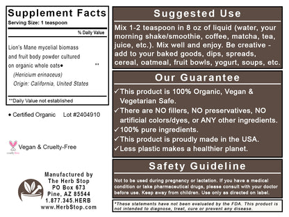 Organic Lion's Mane Mushroom Powder - Back Label