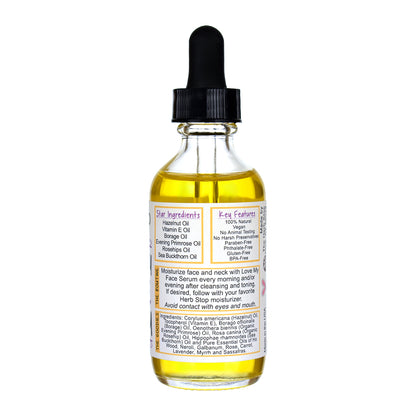 Glass bottle with dropper labeled 'Love My Face Serum' on a white background