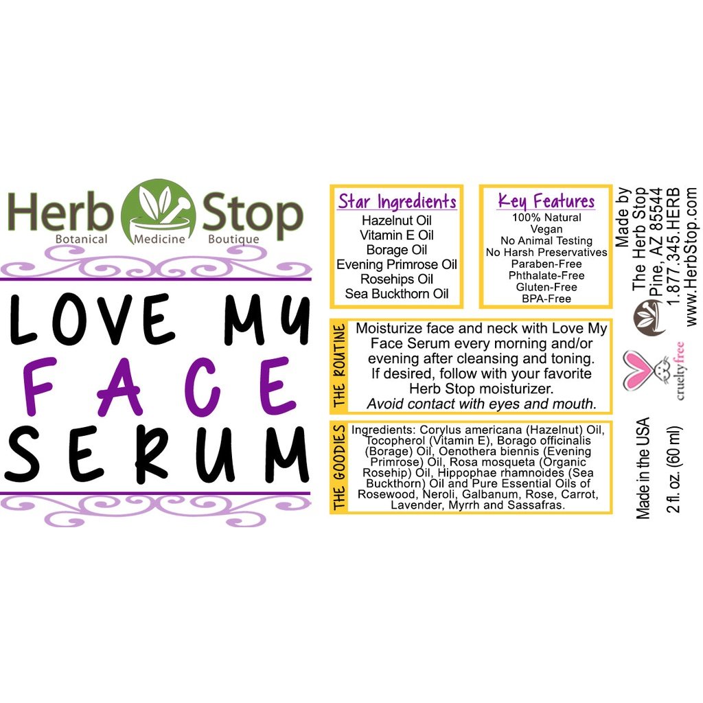 Love My Face Serum Label
