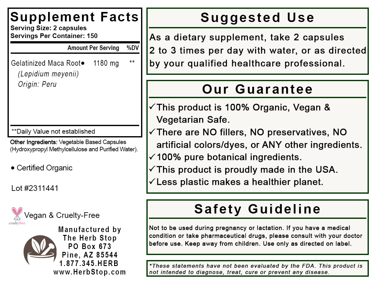Maca Root Capsules Label - Back