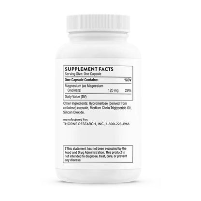 Thorne Magnesium Glycinate supplement bottle shown from the back, featuring a black printed 'Supplement Facts' label with text detailing magnesium content and manufacturer information for Thorne Research.