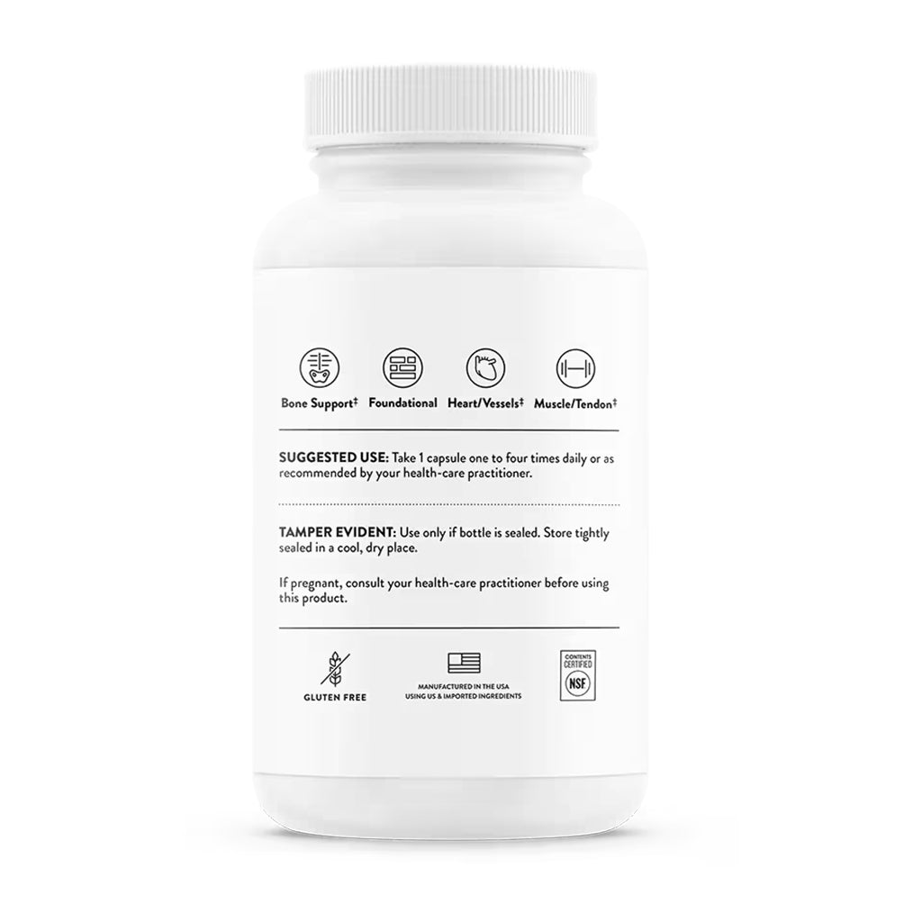 Thorne Magnesium Glycinate supplement bottle shown from the back on a clean white background, featuring black text and small icons detailing usage, benefits, and certifications.