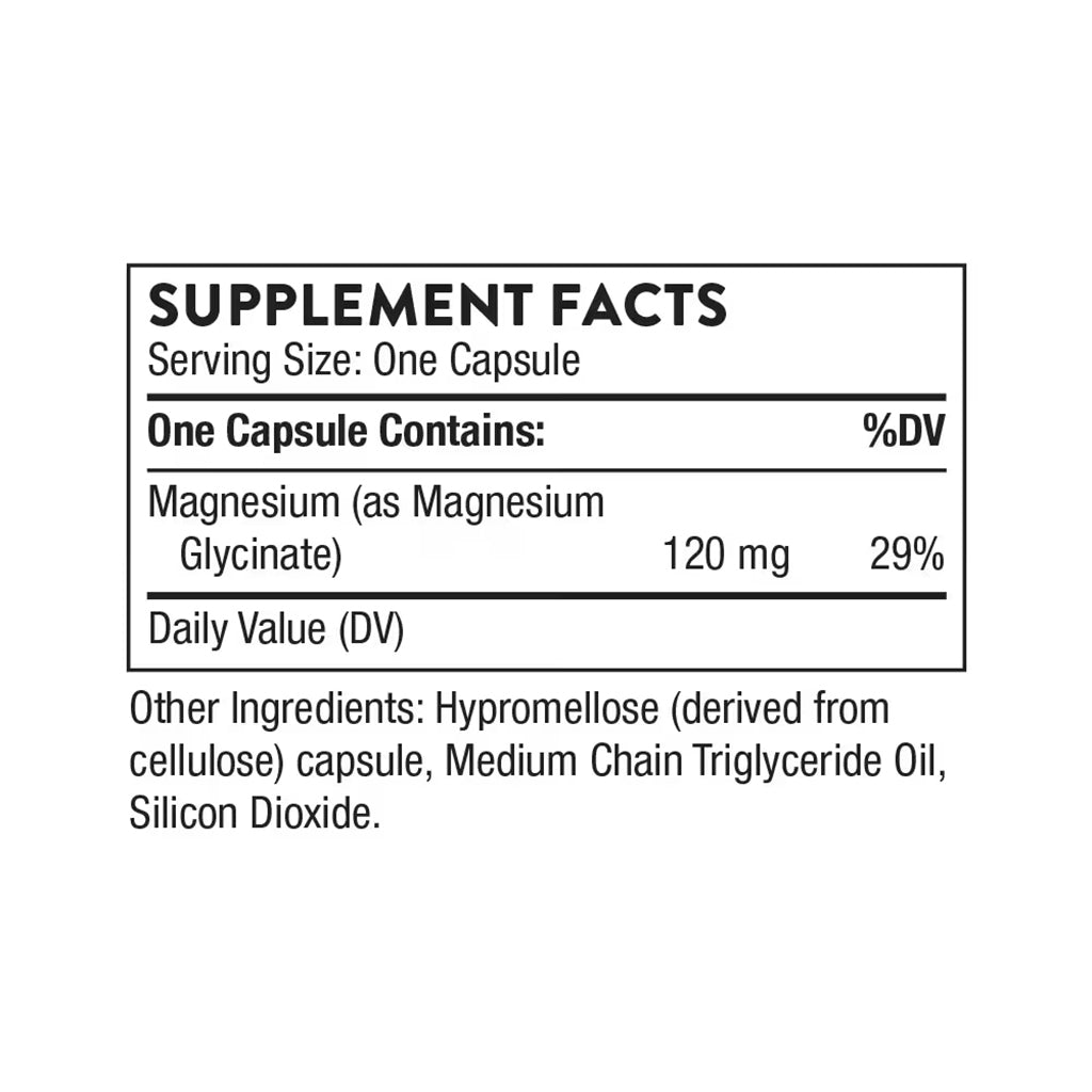 Supplement facts label for a magnesium supplement capsule on a white background