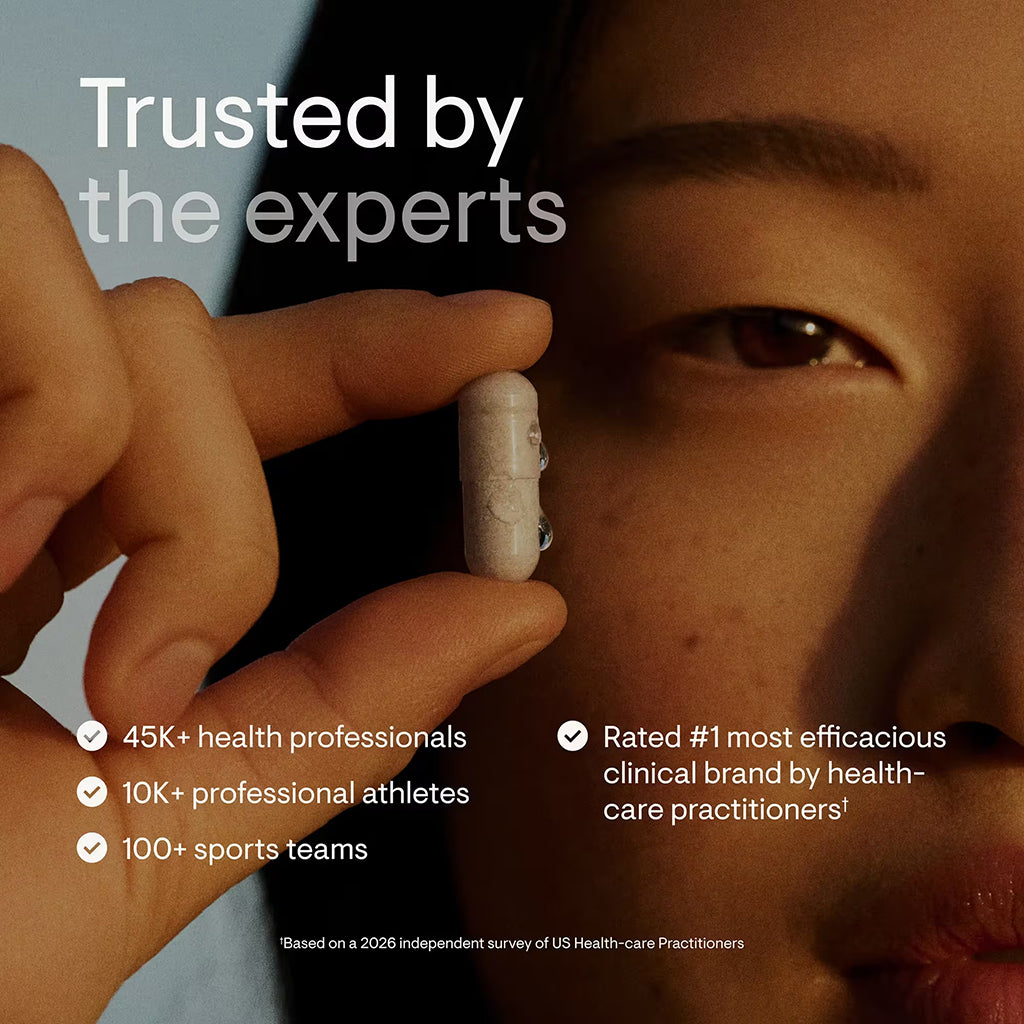 Person holding a capsule near their eye with text about its trustworthiness among health professionals, athletes, and sports teams.