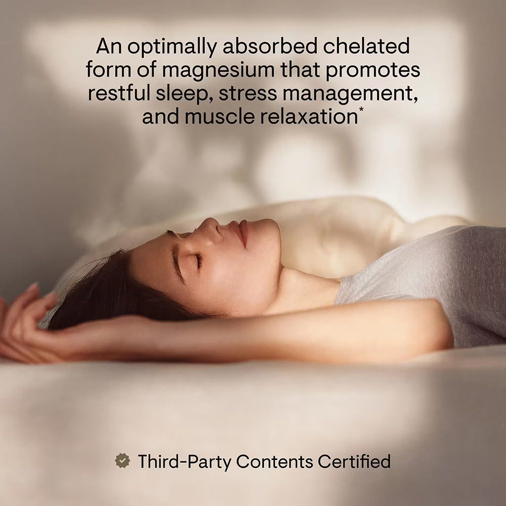 A woman lies on a bed in soft sunlight with text overlays describing magnesium benefits and a third-party certification badge.