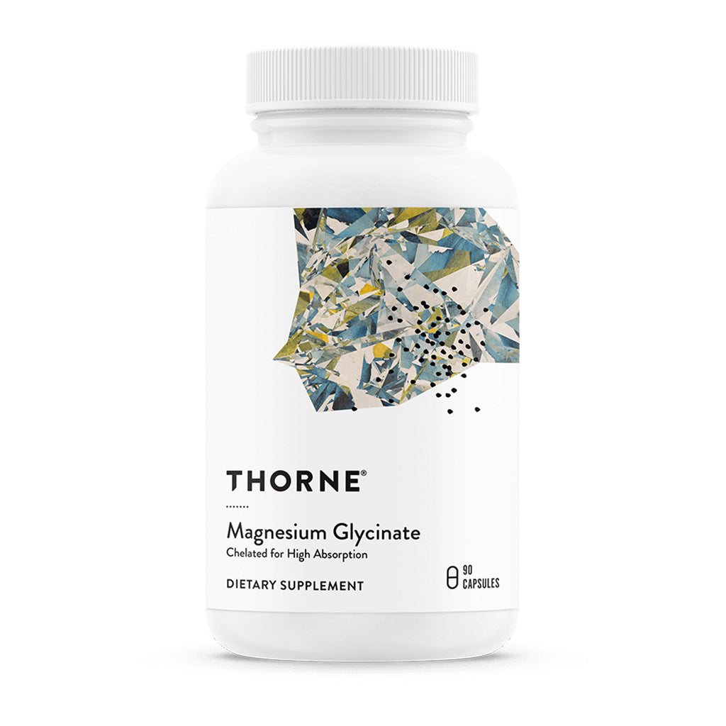A white bottle of THORNE Magnesium Glycinate dietary supplement with a white cap on a clean white background.