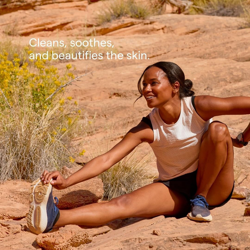 Woman stretching outdoors with text about beautifying the skin