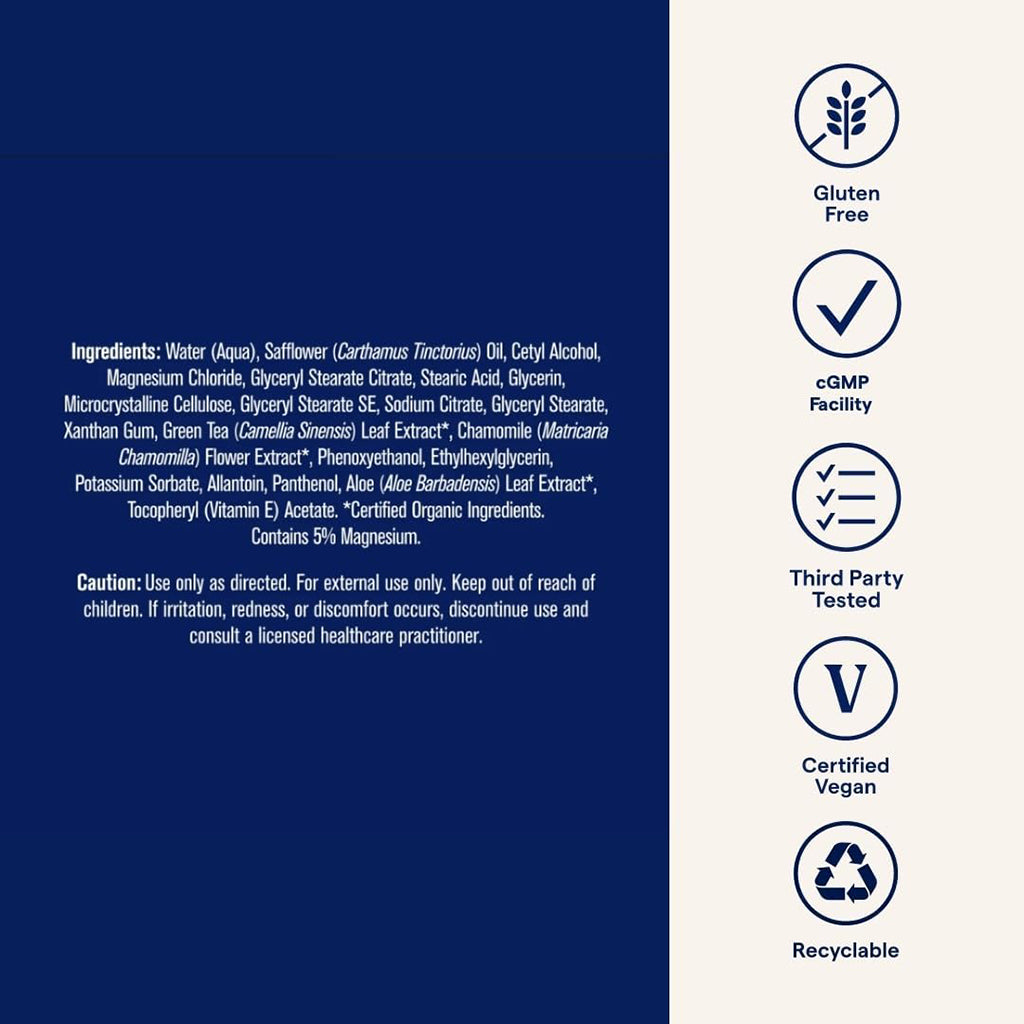 Magnesium Lotion product label with ingredients list, certification icons, and usage instructions on a blue and white background.