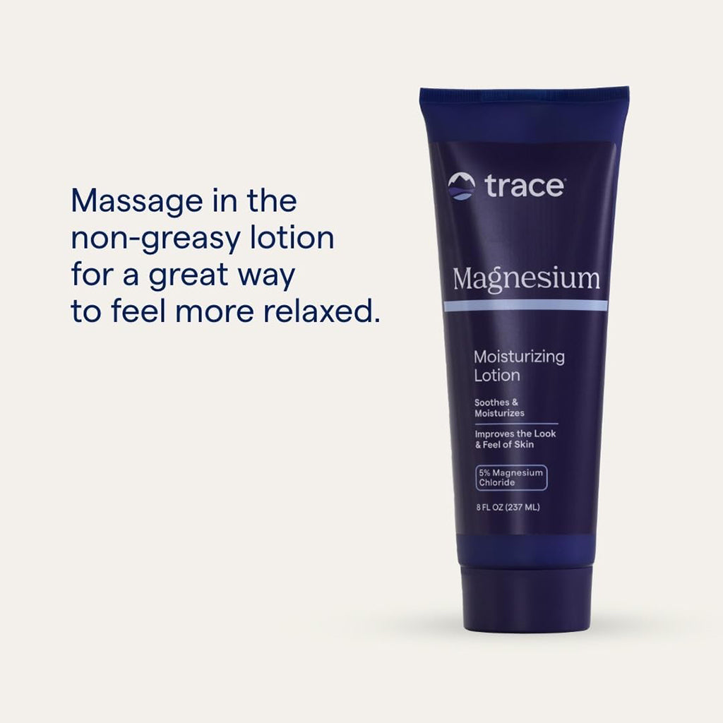 Tube of trace Magnesium Moisturizing Lotion on a light gray background