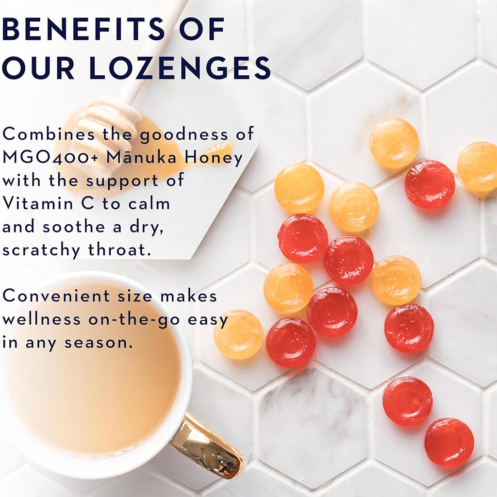 Manuka Honey Lozenges on a white surface with a cup of tea, text about lozenge benefits.