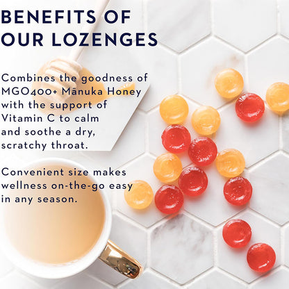 Manuka Honey Lozenges on a white surface with a cup of tea, text about lozenge benefits.