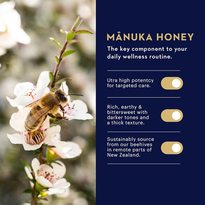 Manuka honey advertisement with a bee on a flower and text about its properties.