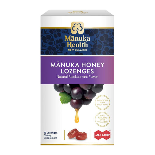 Manuka Health Mánuka Honey Lozenges packaging with blackcurrant flavor on a white background