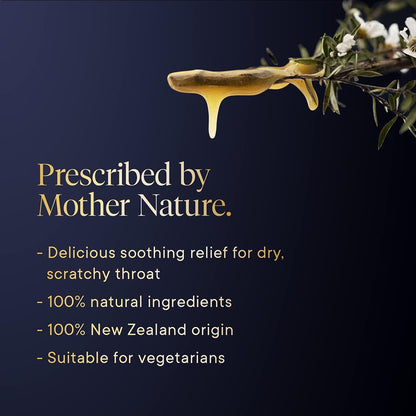Product with natural ingredients on a dark background, featuring text about soothing relief for dry throat.
