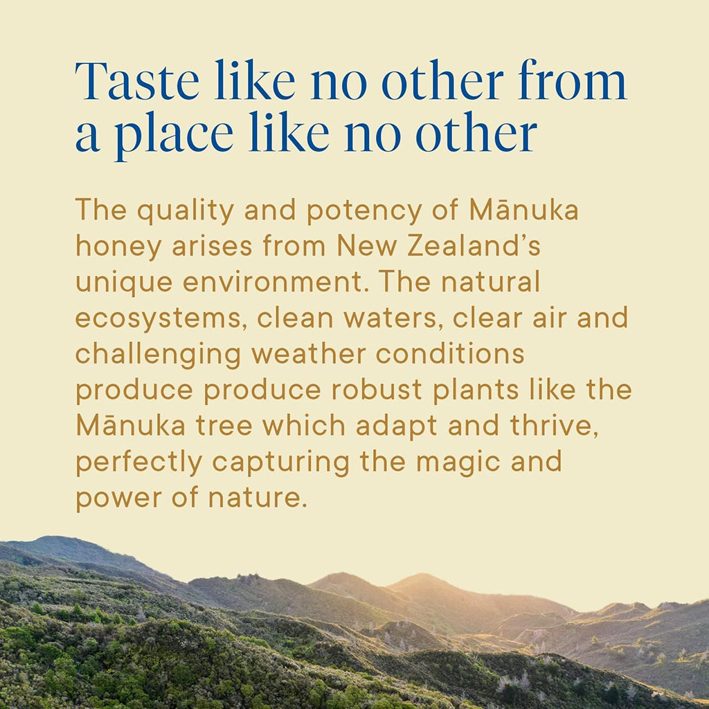 Text about Mánuka honey from New Zealand with a scenic background
