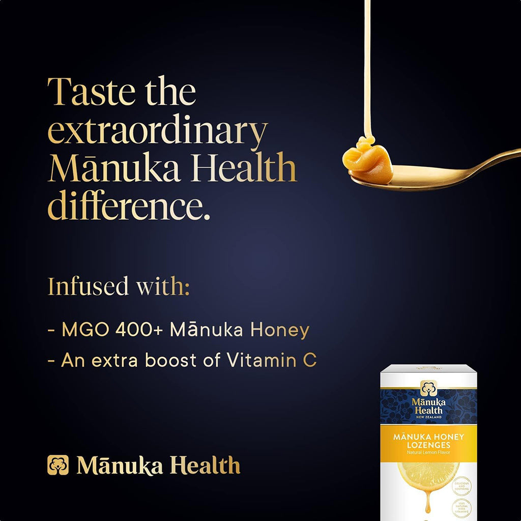 Manuka Health honey advertisement with a spoonful of honey and product packaging on a dark background.