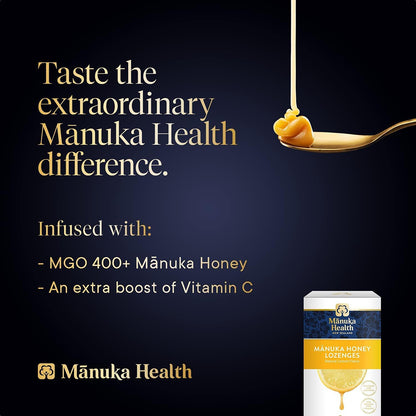 Manuka Health honey advertisement with a spoonful of honey and product packaging on a dark background.