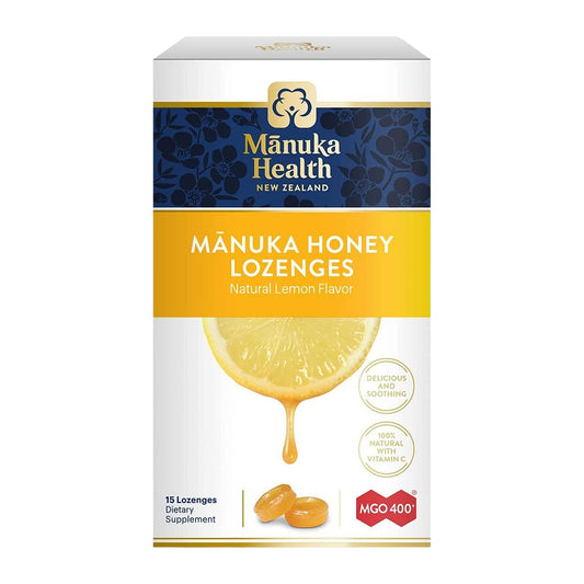 Manuka Health Manuka Honey Lozenges packaging with lemon flavor on a white background