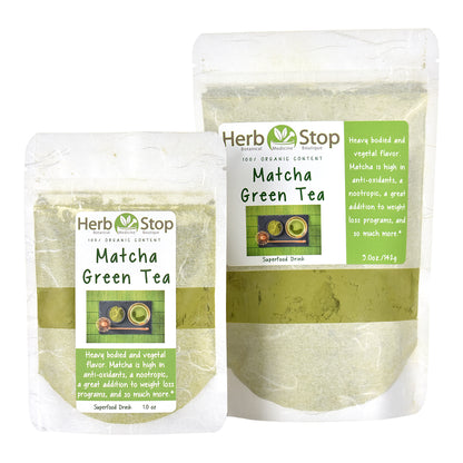 Herb Stop Certified Organic Japanese Matcha Green Tea Powder — large and small bags