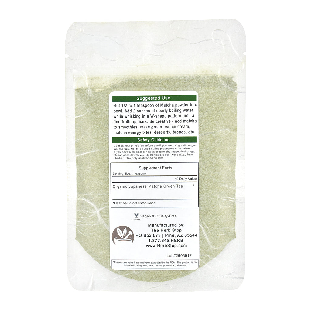 Back of Organic Matcha Green Tea Bag 