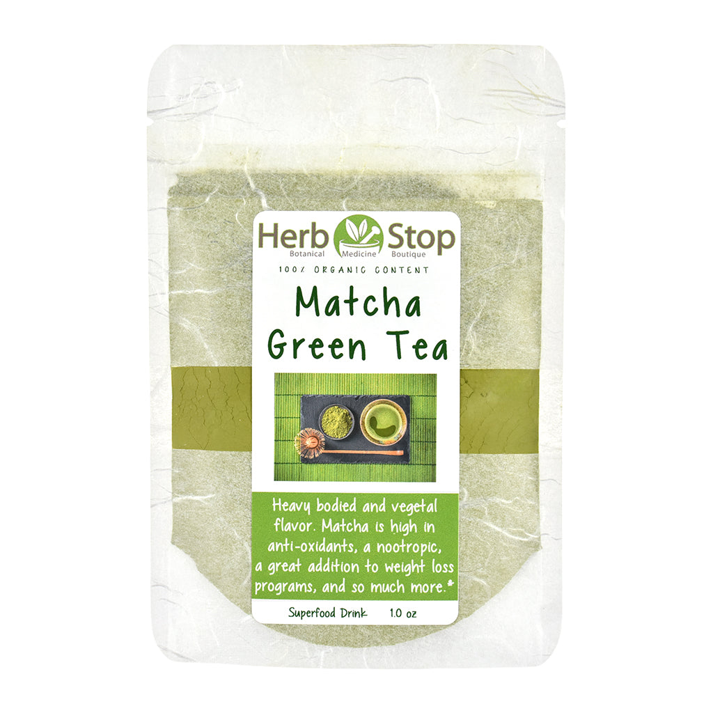Packaging of Herb Stop Matcha Green Tea on a white background