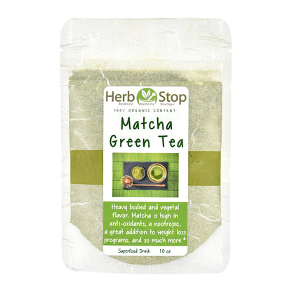 Packaging of Herb Stop Matcha Green Tea on a white background
