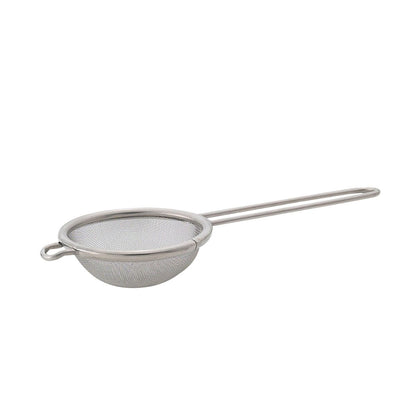 Metal mesh tea strainer with handle on a white background