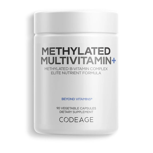 Supplement container labeled 'Methylated Multivitamin+' by Codeage on a white background
