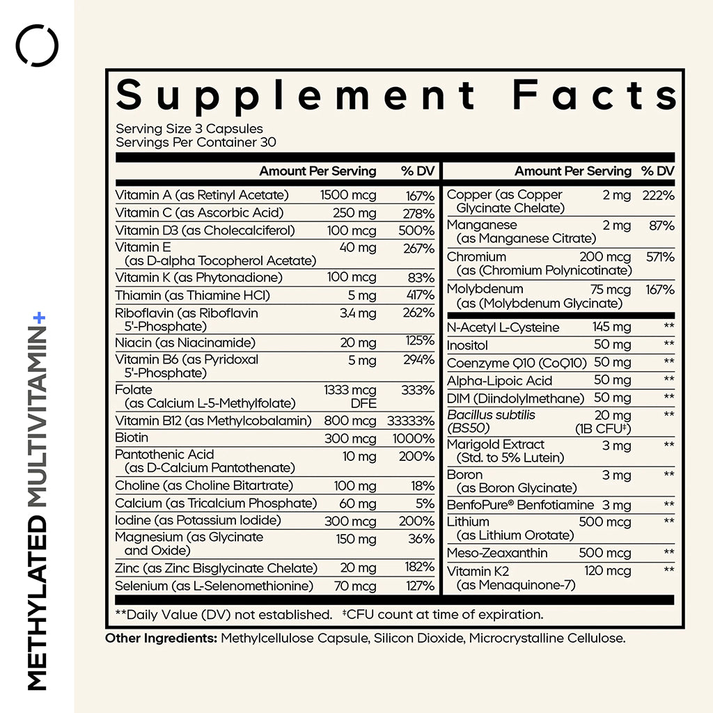 Supplement facts label for Codeage Methylated Multivitamin supplement on a beige background