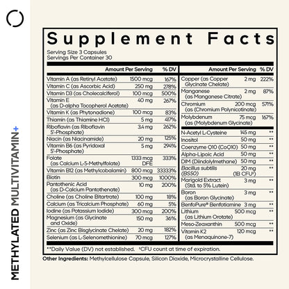 Supplement facts label for Codeage Methylated Multivitamin supplement on a beige background