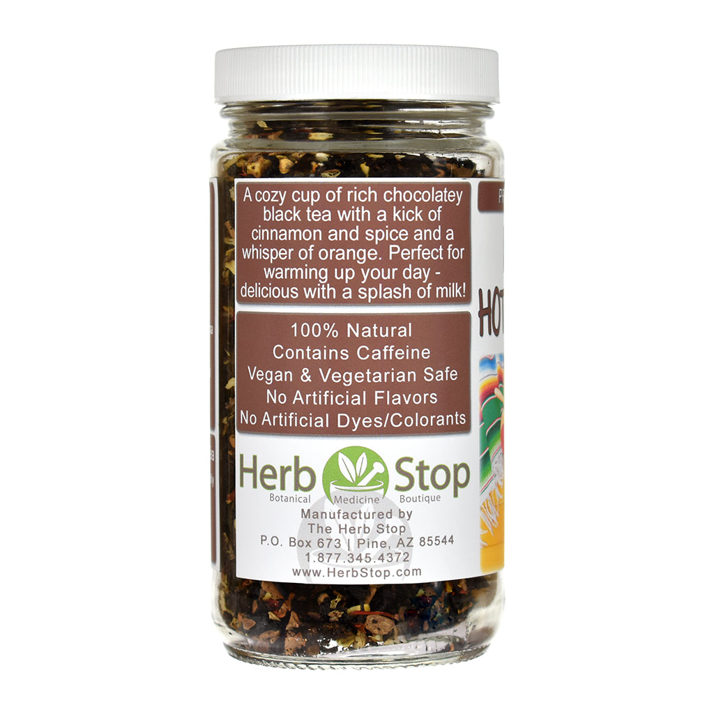 Mexican Hot Chocolate Black Tea in a glass jar with description - left side