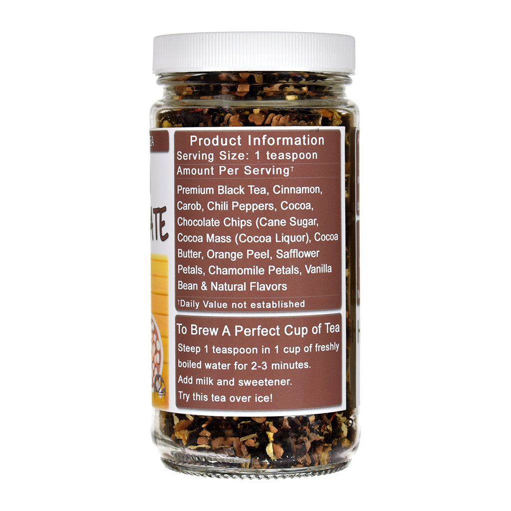 Mexican Hot Chocolate Black Tea in a glass jar with ingredients - right side