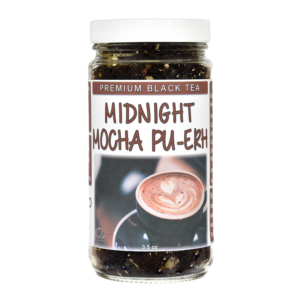 Jar of Midnight Mocha Pu-Erh Black Tea on a white background