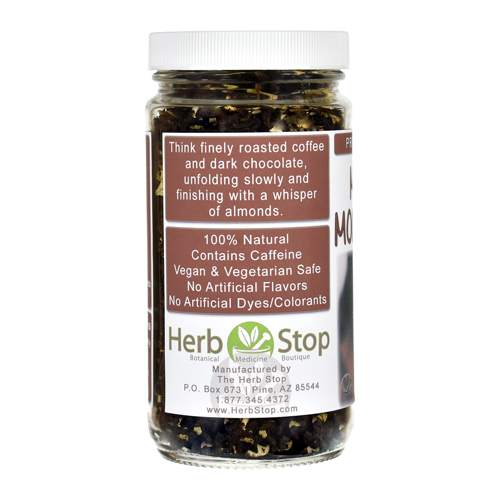 Jar of Midnight Mocha Pu-Erh Black Tea with a label on a white background