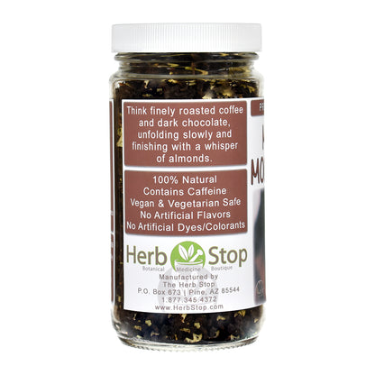 Jar of Midnight Mocha Pu-Erh Black Tea with a label on a white background