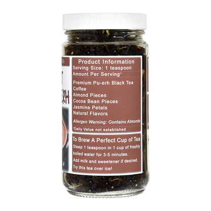 Jar of Midnight Mocha Pu-Erh Black Tea with a label on a white background