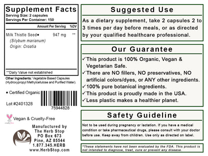 Organic Milk Thistle Capsule Label -Back