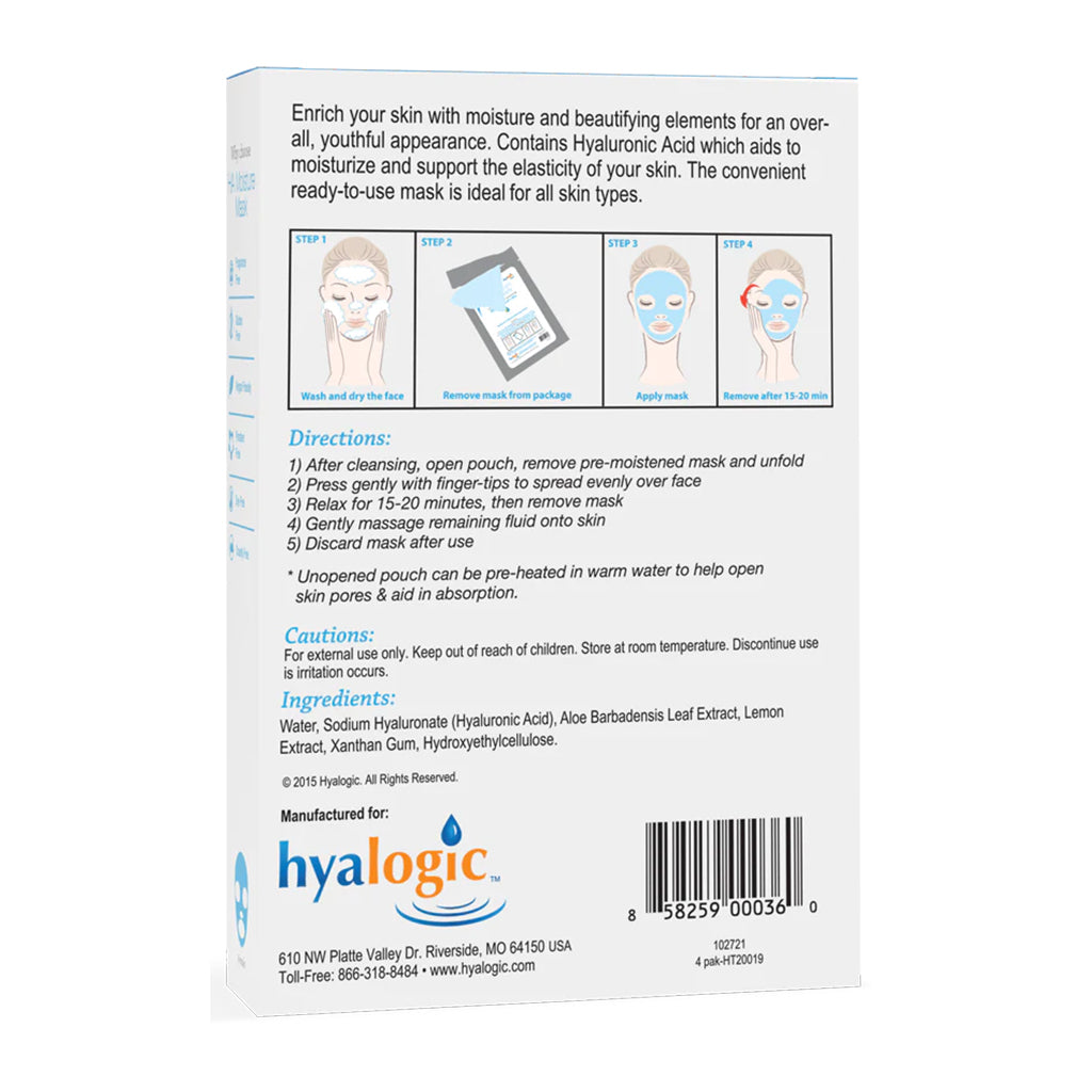 Hyalogic facial mask packaging with usage instructions and branding on a white background