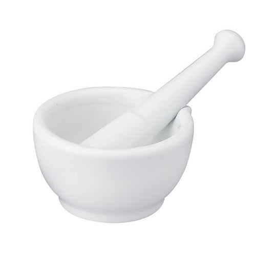 White ceramic mortar and pestle on a white background