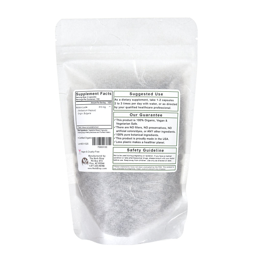 Organic Mullein Leaf Capsules in a white bag on a white background