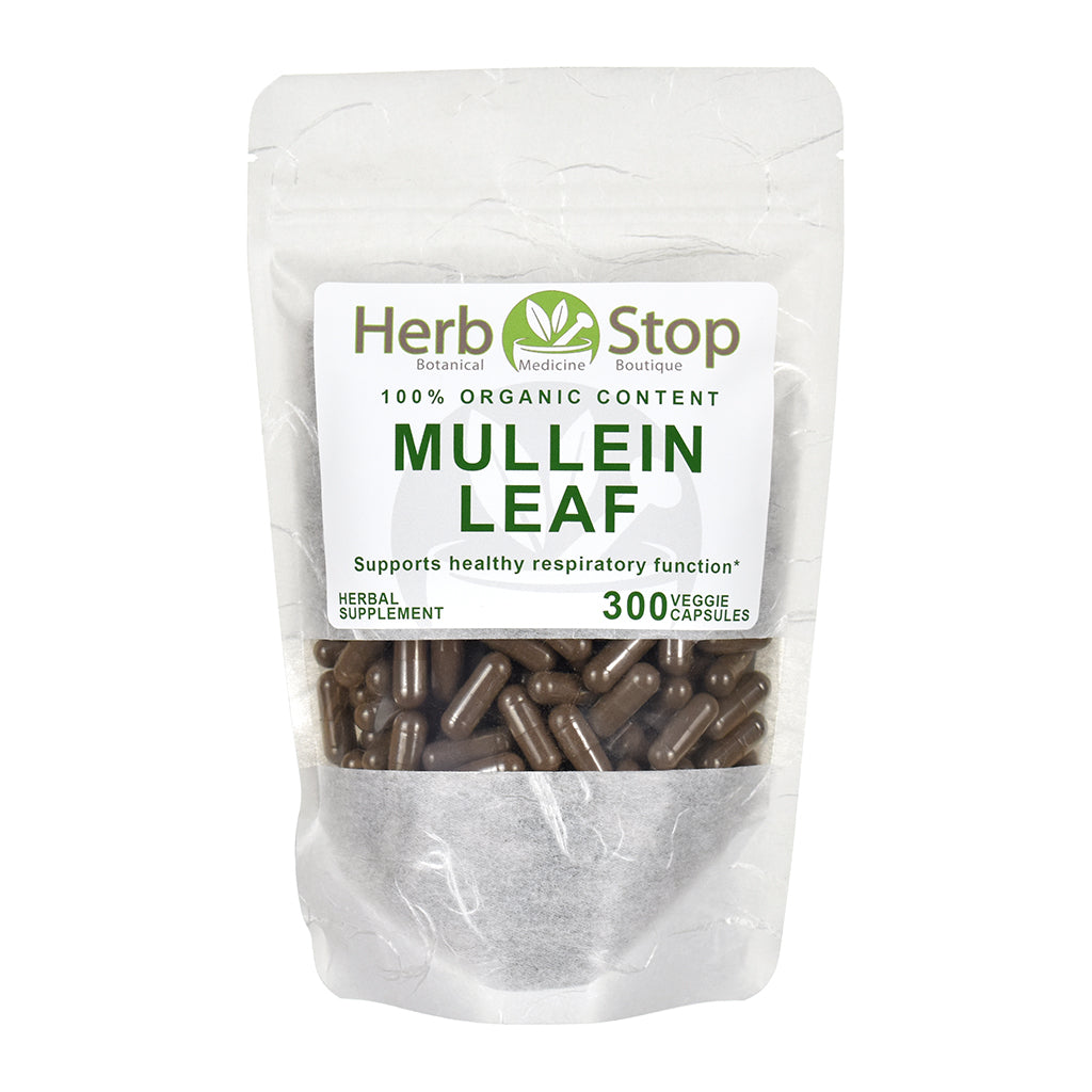 Herb Stop Mullein Leaf organic capsules supplement package on a white background