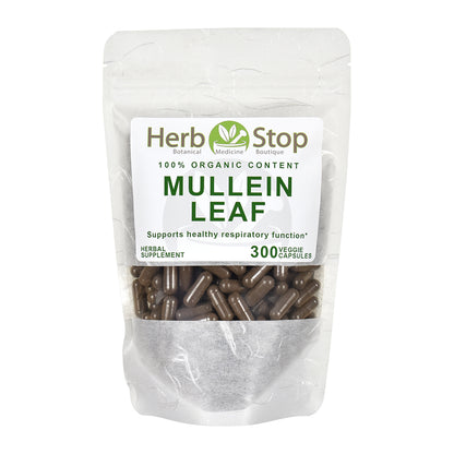 Herb Stop Mullein Leaf organic capsules supplement package on a white background