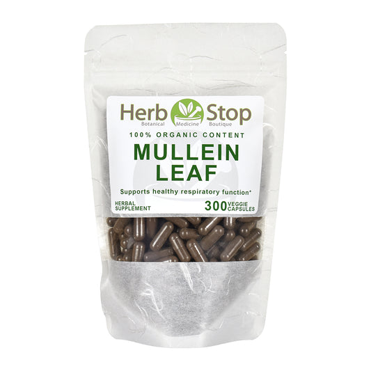 Herb Stop Mullein Leaf organic capsules supplement package on a white background