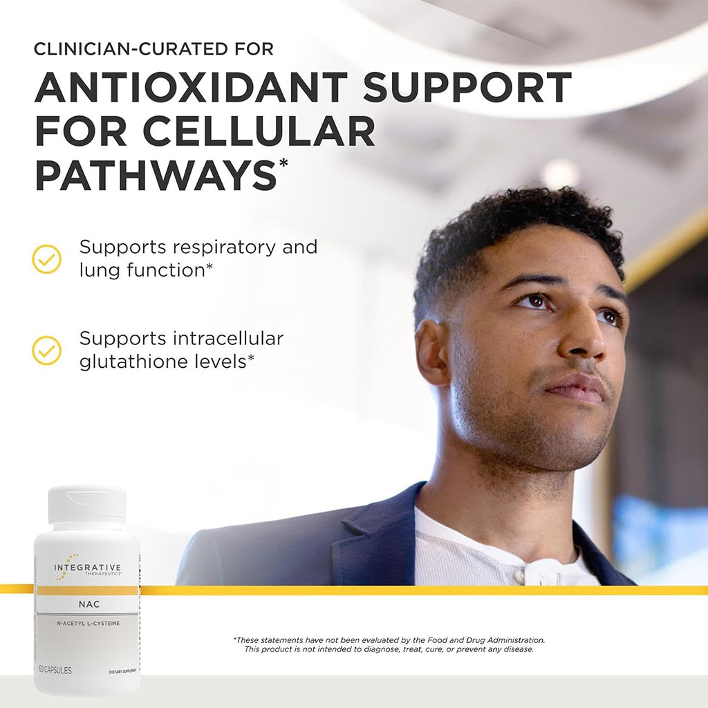 Promotional graphic for Integrative Nutrition's NAC supplement, featuring a bottle of capsules on the left and a man in a suit on the right, with text highlighting antioxidant support for cellular pathways.