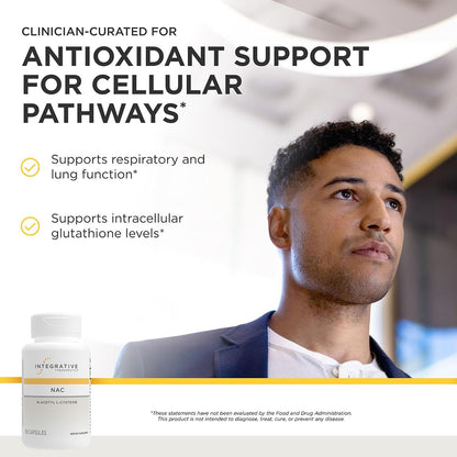 Promotional graphic for Integrative Nutrition's NAC supplement, featuring a bottle of capsules on the left and a man in a suit on the right, with text highlighting antioxidant support for cellular pathways.