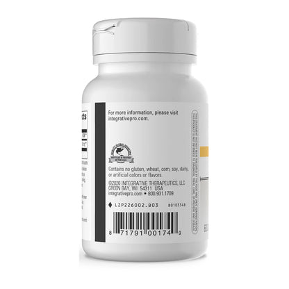 A white plastic bottle of Integrative Therapeutics NAC dietary supplement, shown from the back with a white cap, featuring a black and white label with a barcode and text.
